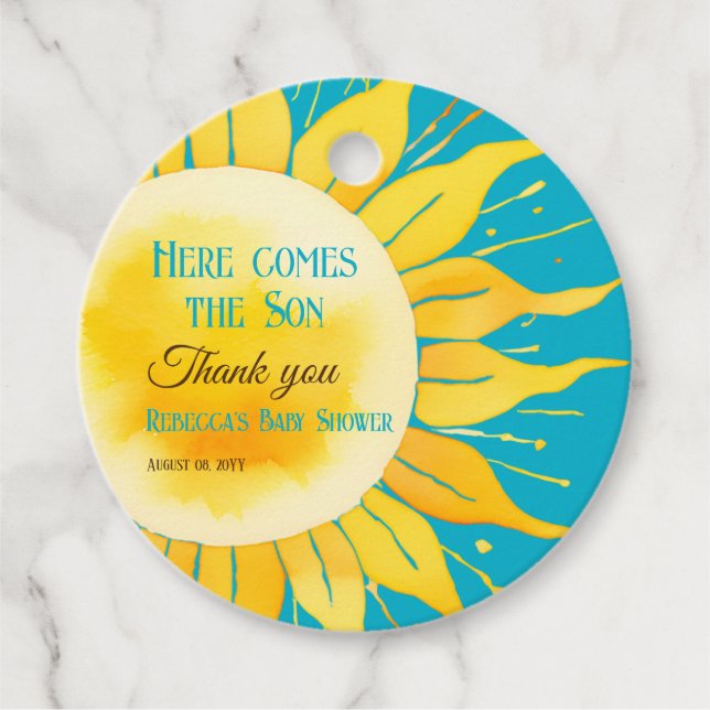 Étiquettes Cadeau Voici le Baby shower Son Boy Blue Sunshine (Devant)
