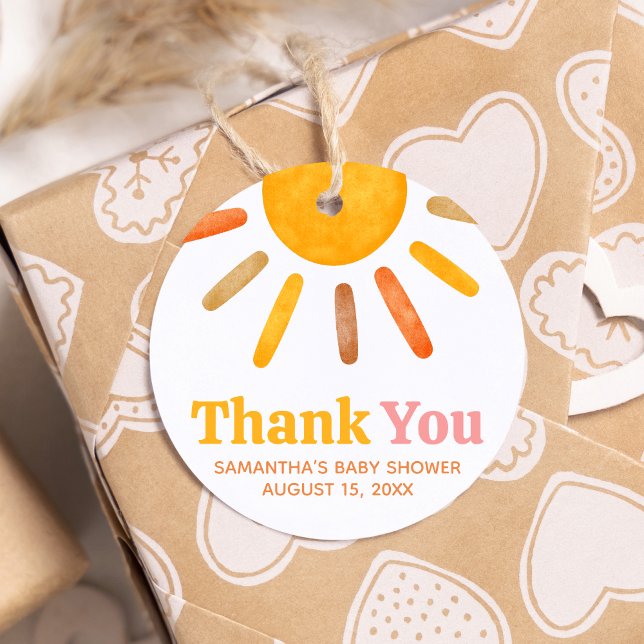 Étiquettes Cadeau Voici le Sun Baby shower Round (Here comes the Sun Sunshine Baby Shower Round Favor Tags)