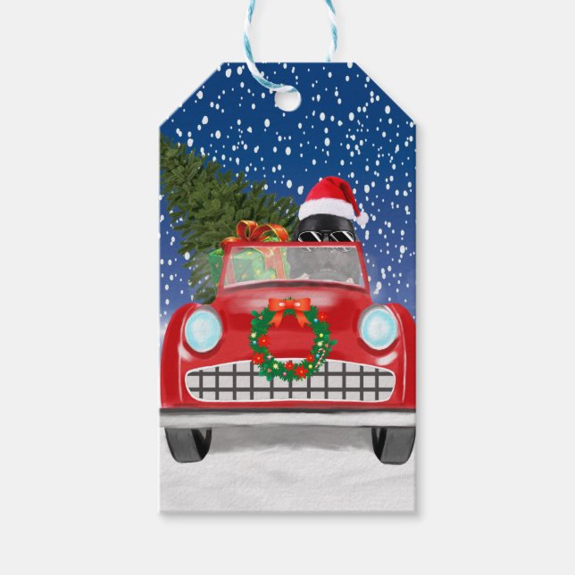 Étiquettes-cadeau Voiture De Conduite De Chien De Terre-Neuve À Noël (Devant)