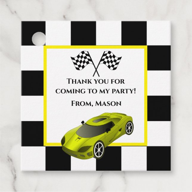 Étiquettes Cadeau Voiture de course jaune | Parti Anniversaire de en (Devant)