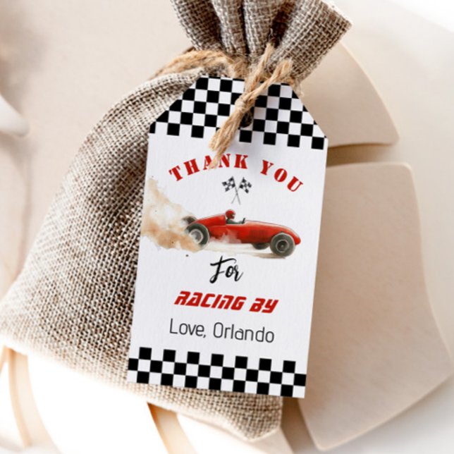 Étiquettes-cadeau Voiture de course rouge Garçon course anniversaire (Créateur téléchargé)
