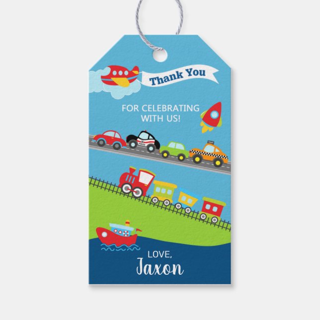 Étiquettes-cadeau Voitures de transport garçon anniversaire merci ta (Devant)