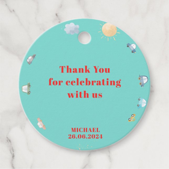 Étiquettes Cadeau Voitures et véhicules sur la route garçon annivers (Devant)