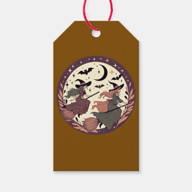 Étiquettes-cadeau Vol Magique Sorcière - Scène Lune d'Halloween (Devant)