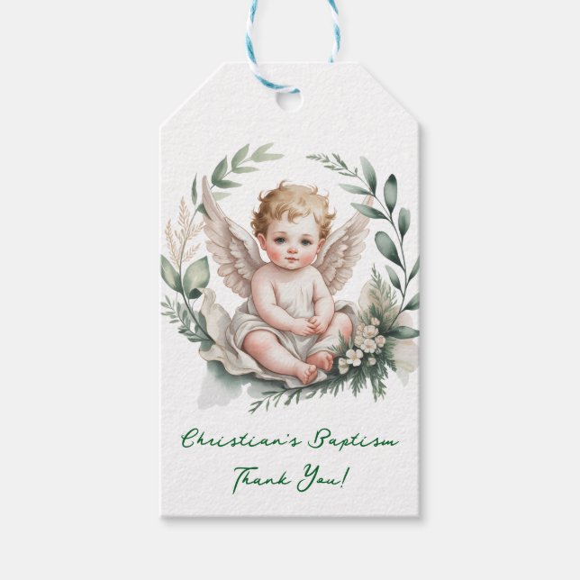 Étiquettes-cadeau Watercolor Angel Wings Baptism Green Thank You (Devant)