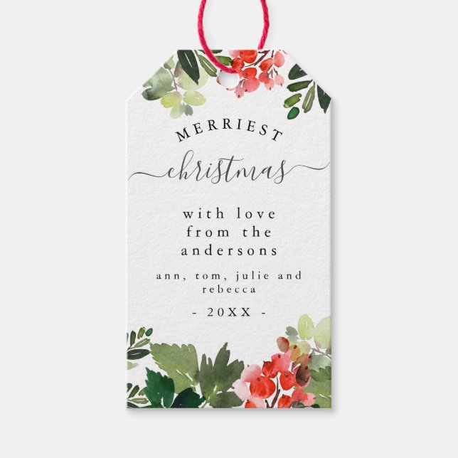Étiquettes-cadeau Watercolor Berries Greenery Merriest Christmas (Devant)
