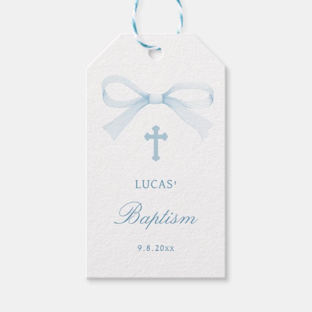 Étiquettes-cadeau Watercolor Blue Bow Baptism (Devant)