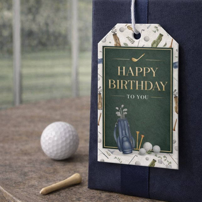 Étiquettes-cadeau Watercolor Blue Green Golf Pattern Happy Birthday (Créateur téléchargé)
