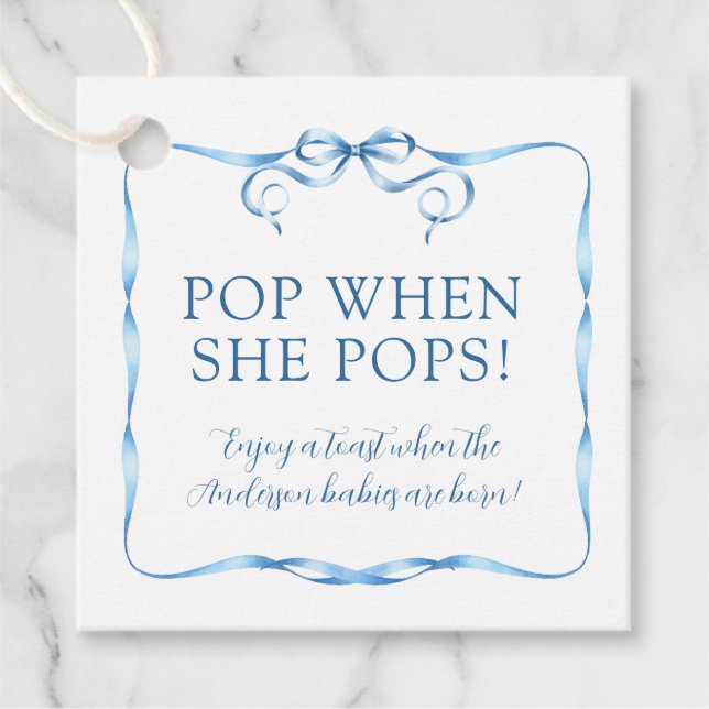 Étiquettes Cadeau Watercolor Blue Ribbon Pop Quand Elle Pop (Devant)