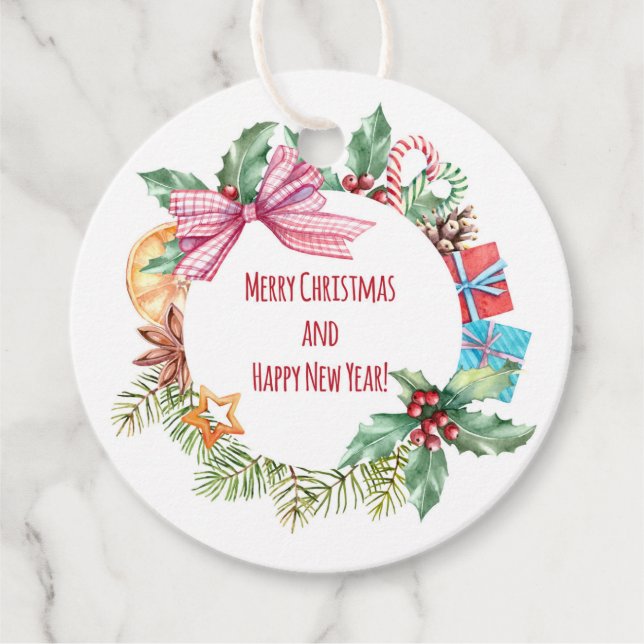Étiquettes Cadeau Watercolor Christmas Floral Wreath | Vacances (Devant)