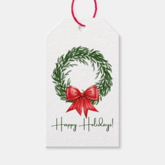 Étiquettes-cadeau Watercolor Christmas Wreath with Bow Gift Tag