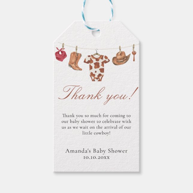 Étiquettes-cadeau Watercolor cowboy Baby Shower Thank you (Devant)
