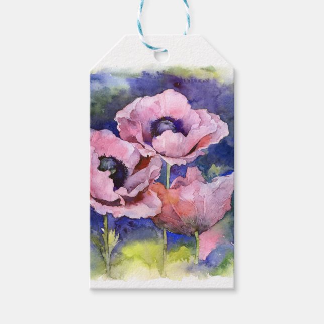Étiquettes-cadeau Watercolor flowers pink poppy illustration flowers (Devant)