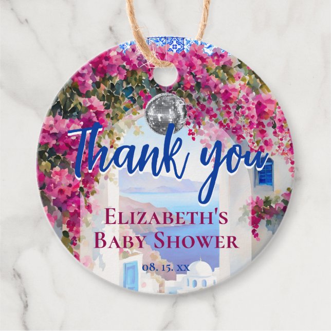 Étiquettes Cadeau Watercolor Greek Italian Pink Flowers Blue Tiles (Devant)