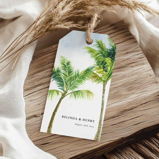 Étiquettes-cadeau Watercolor Palm Tree Beach Wedding (Créateur téléchargé)