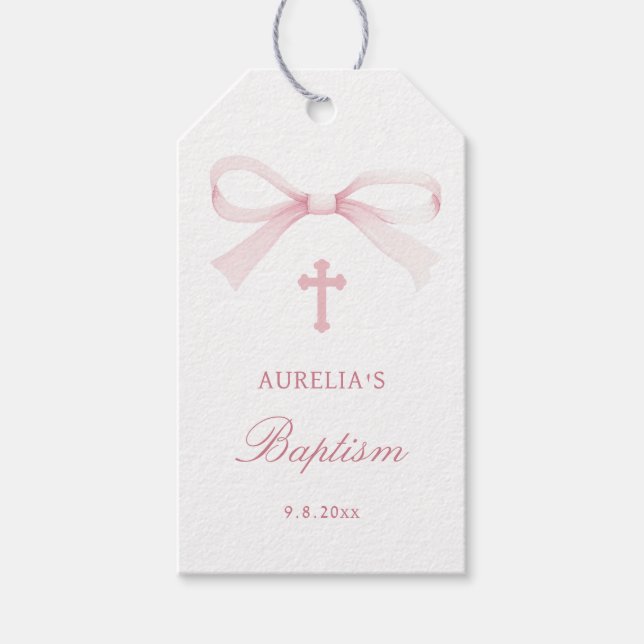 Étiquettes-cadeau Watercolor Pink Bow Baptism (Devant)