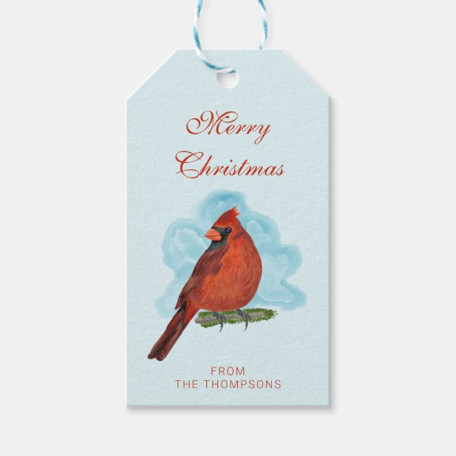 Étiquettes-cadeau Watercolor Red Cardinal Bird Merry Christmas Blue (Devant)