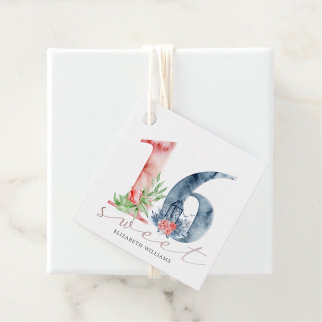 Étiquettes Cadeau watercolor script floral sweet sixteen préférence  (En situation)