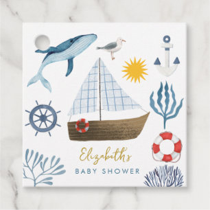 Étiquettes Cadeau Watercolor Sea Ship, Baby shower marin de baleine