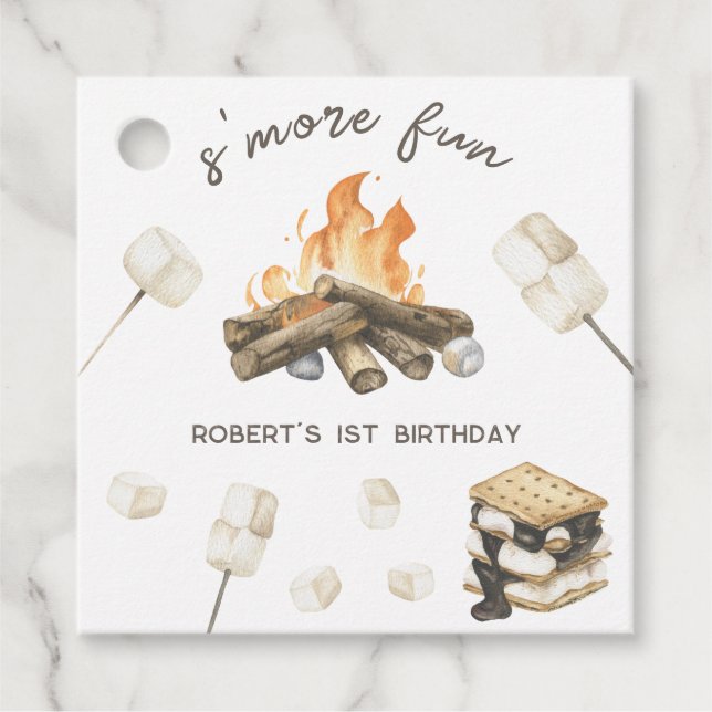 Étiquettes Cadeau Watercolor S'more Camping Fire 1er anniversaire (Devant)