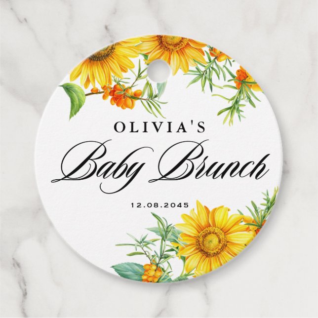 Étiquettes Cadeau Watercolor Sunflower et Seabuckthorn Baby Brunch (Devant)