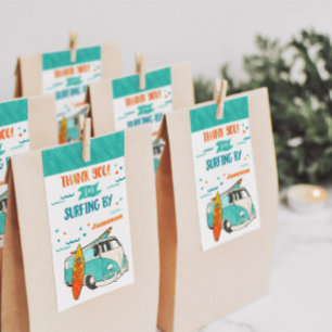 Étiquettes-cadeau Watercolor Surfer Van Surf Fête d'anniversaire