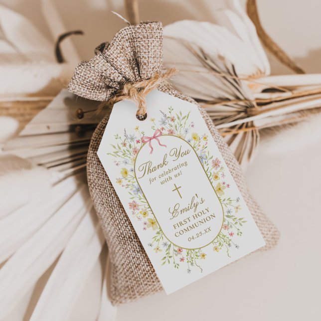 Étiquettes-cadeau Watercolor Wildflowers Gold Cross First Communion (Créateur téléchargé)