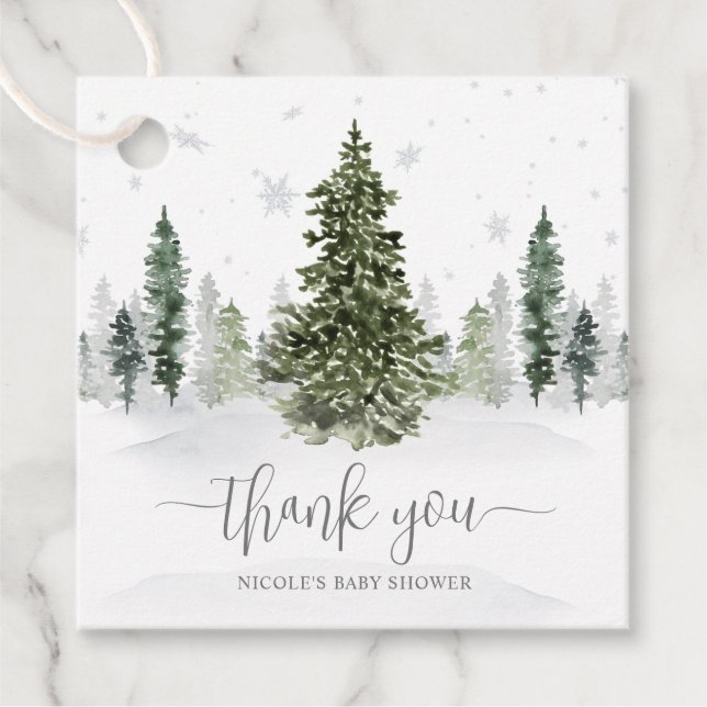 Étiquettes Cadeau Watercolor Winter Forest Grey Baby shower (Devant)