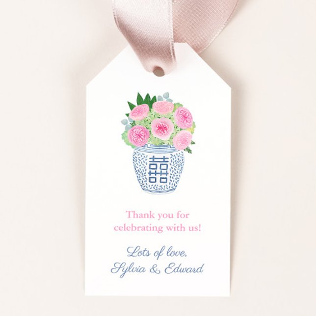 Étiquettes-cadeau Wedding shower Rose Preppy Rose and Blue Garden (Chinoiserie chic pink garden roses in ginger jar vase bridal shower favor tags)