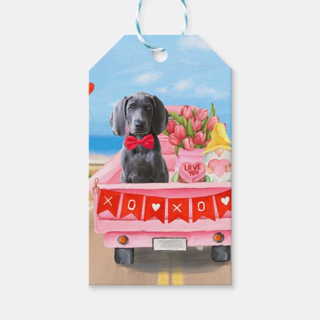 Étiquettes-cadeau Weimaraner Chien Valentine's Day Coeurs de camion (Devant)
