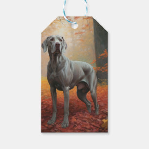 Étiquettes-cadeau Weimaraner dans les feuilles d'automne qui tombent