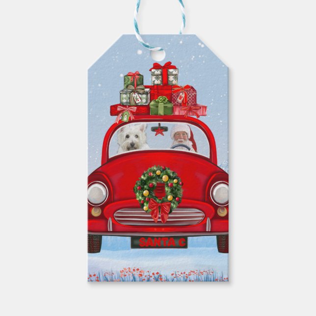 Étiquettes-cadeau West Highland White Terrier Chien avec le Père Noë (Devant)