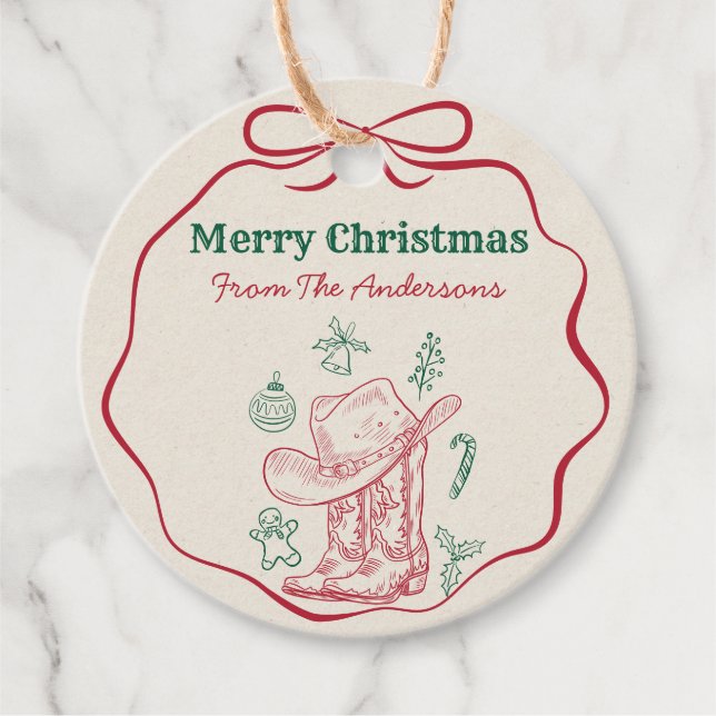 Étiquettes Cadeau Western Cowboy Boots Retro Hand Drawn Ribbon Bow  (Devant)