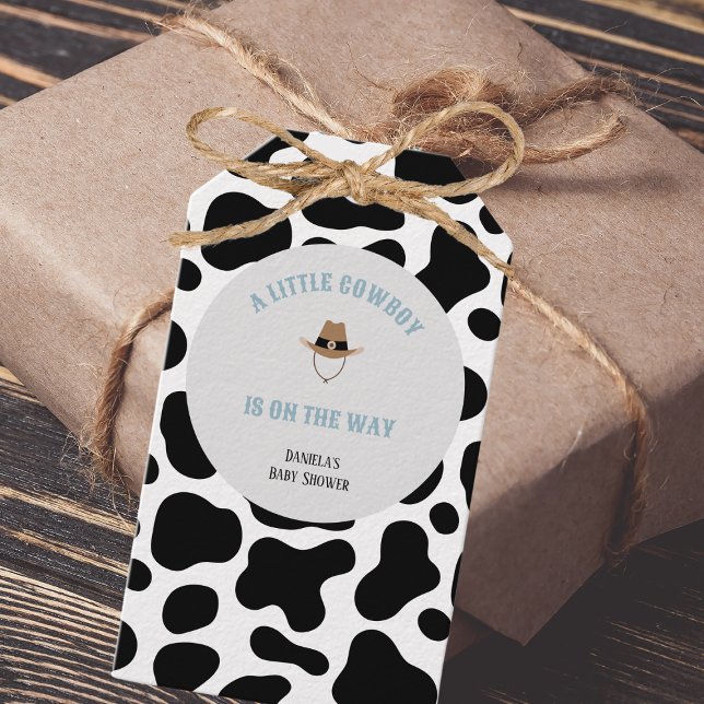 Étiquettes-cadeau Western Cowboy Rodeo Cow Imprimer Baby shower garç (little cowboy baby shower gift tags cowprint western wild west)