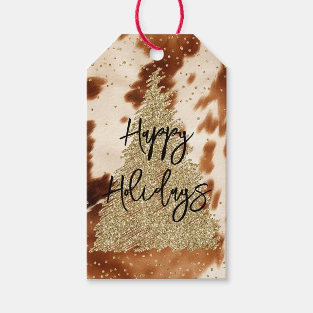 Étiquettes-cadeau Western Cowhide Gold Parties scintillant Arbre de  (Devant)