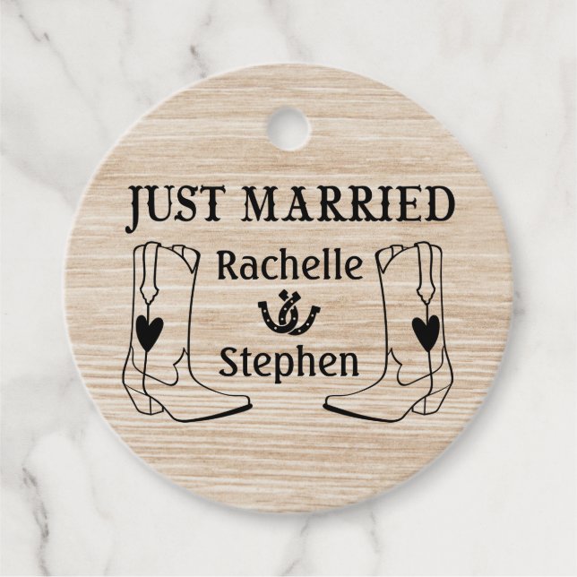 Étiquettes Cadeau Western Just Married Wood Cowboy Boots Pays (Devant)