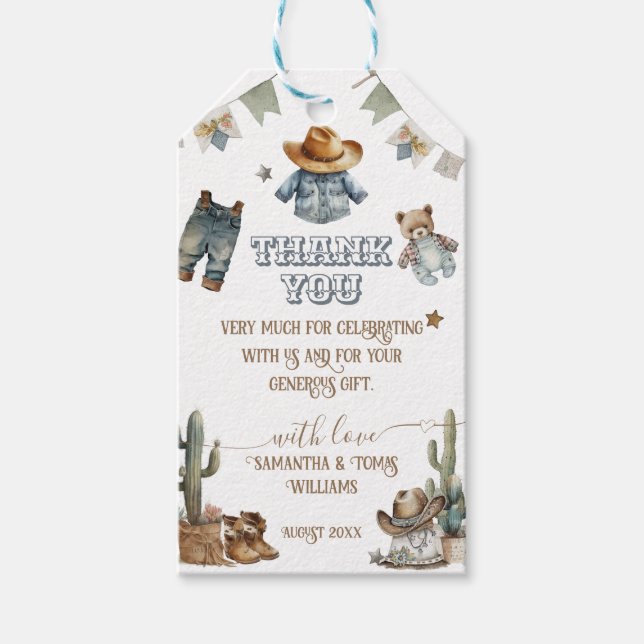 Étiquettes-cadeau Western Rustic Boho Little Cowboy Baby shower (Devant)