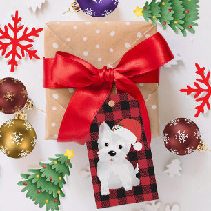 Étiquettes-cadeau Westie Santa Hat Buffalo Plaid Conception de vacan