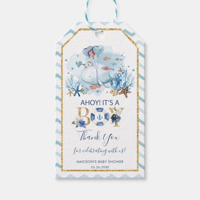 Étiquettes-cadeau Whale Ahoy C'est un garçon Baby shower Merci Favor (Devant)