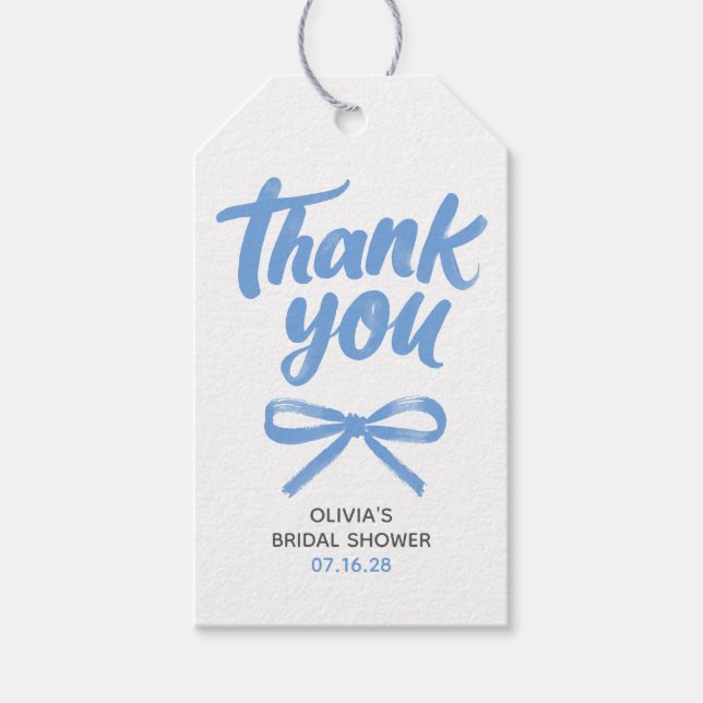 Étiquettes-cadeau Whimsical Blue Bow Handwritten Bridal Thank You (Devant)