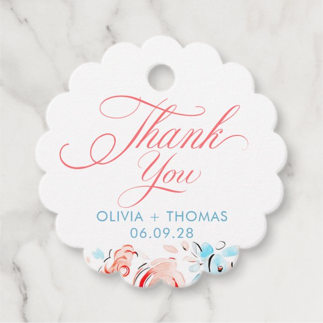Étiquettes Cadeau Whimsical Blue Pink Flowers Wedding Thank You (Devant)
