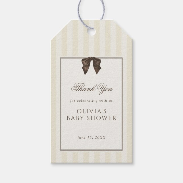 Étiquettes-cadeau Whimsical Brown Bow Striped Baby Shower (Devant)