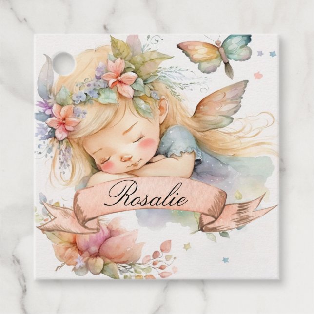 Étiquettes Cadeau Whimsical Floral Sweet Dreams Sleeping Fairy Girl (Devant)