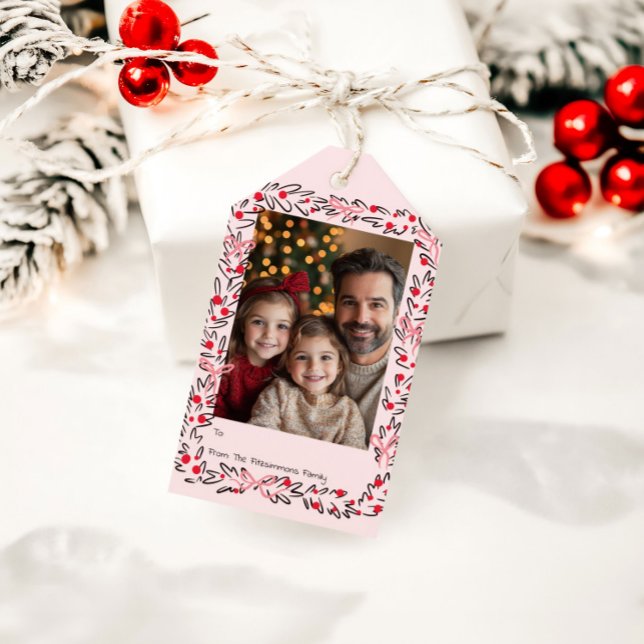 Étiquettes-cadeau Whimsical Holiday Wreath & Bows Photo Card (Whimsical Christmas Wreath holiday pink gift tag)