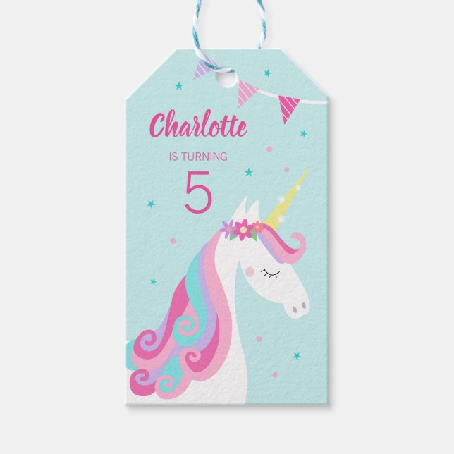 Étiquettes-cadeau Whimsical Rainbow Unicorn Aqua 5e anniversaire (Devant)