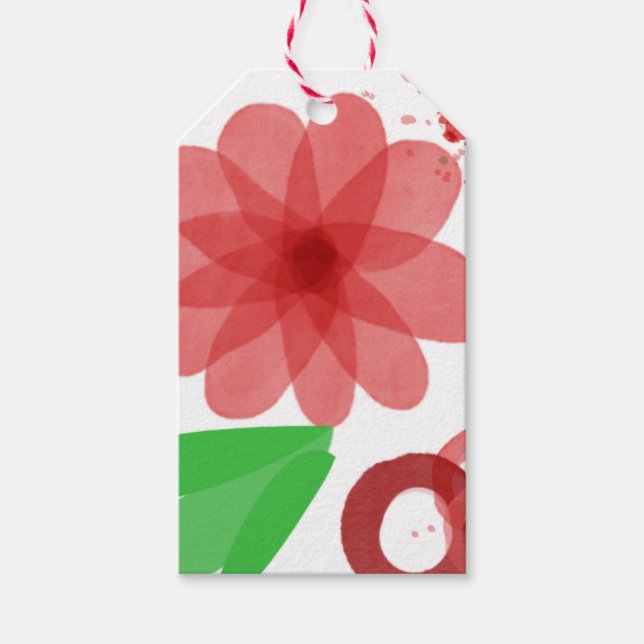 Étiquettes-cadeau Whimsical Red Flowers Green Leaves On White Art (Devant)