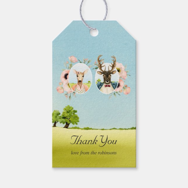 Étiquettes-cadeau Whimsical Rustic Woodland Forest Mariage de cerfs (Devant)