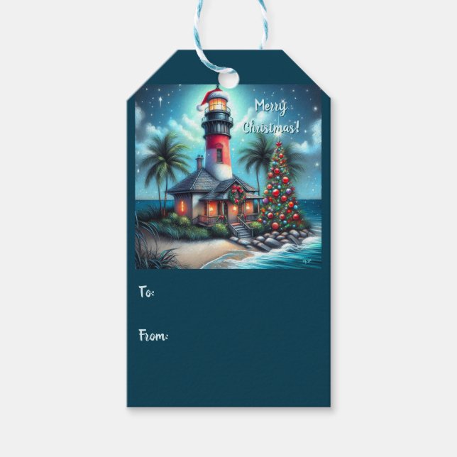 Étiquettes-cadeau Whimsical Tropical Christmas Lighthouse Turquoise  (Devant)