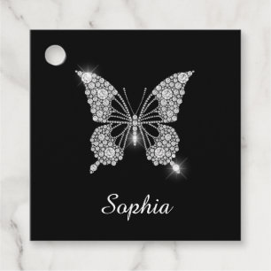 Étiquettes Cadeau White Diamond Butterfly, DIY Script Nom, Black