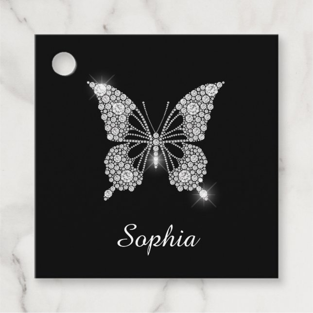 Étiquettes Cadeau White Diamond Butterfly, DIY Script Nom, Black (Devant)